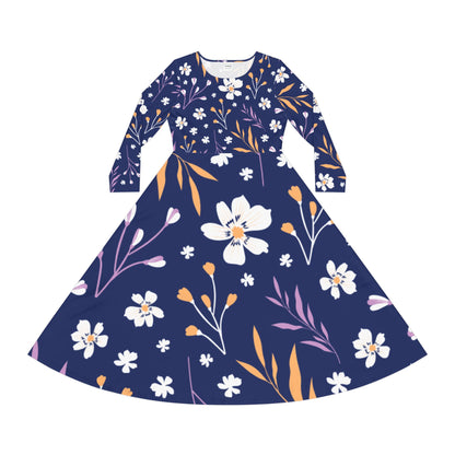 Floral Maxi Dance Dress — Navy Long-Sleeve Twirl Skater Dress