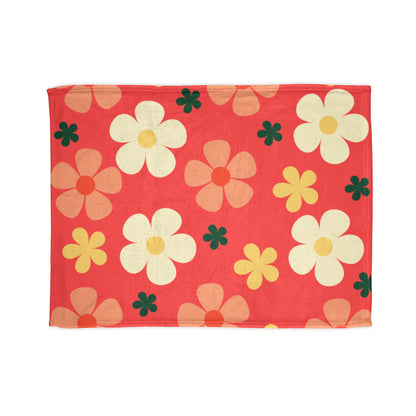 Retro Floral Throw Blanket — Red Daisy Pattern Soft Polyester Blanket