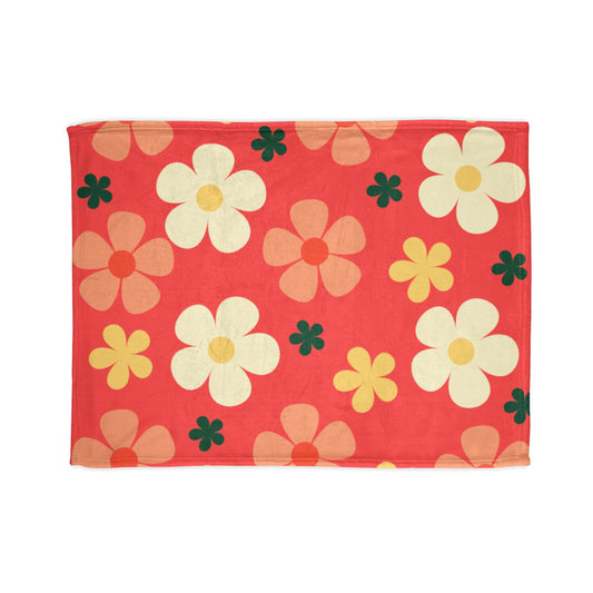 Retro Floral Throw Blanket — Red Daisy Pattern Soft Polyester Blanket