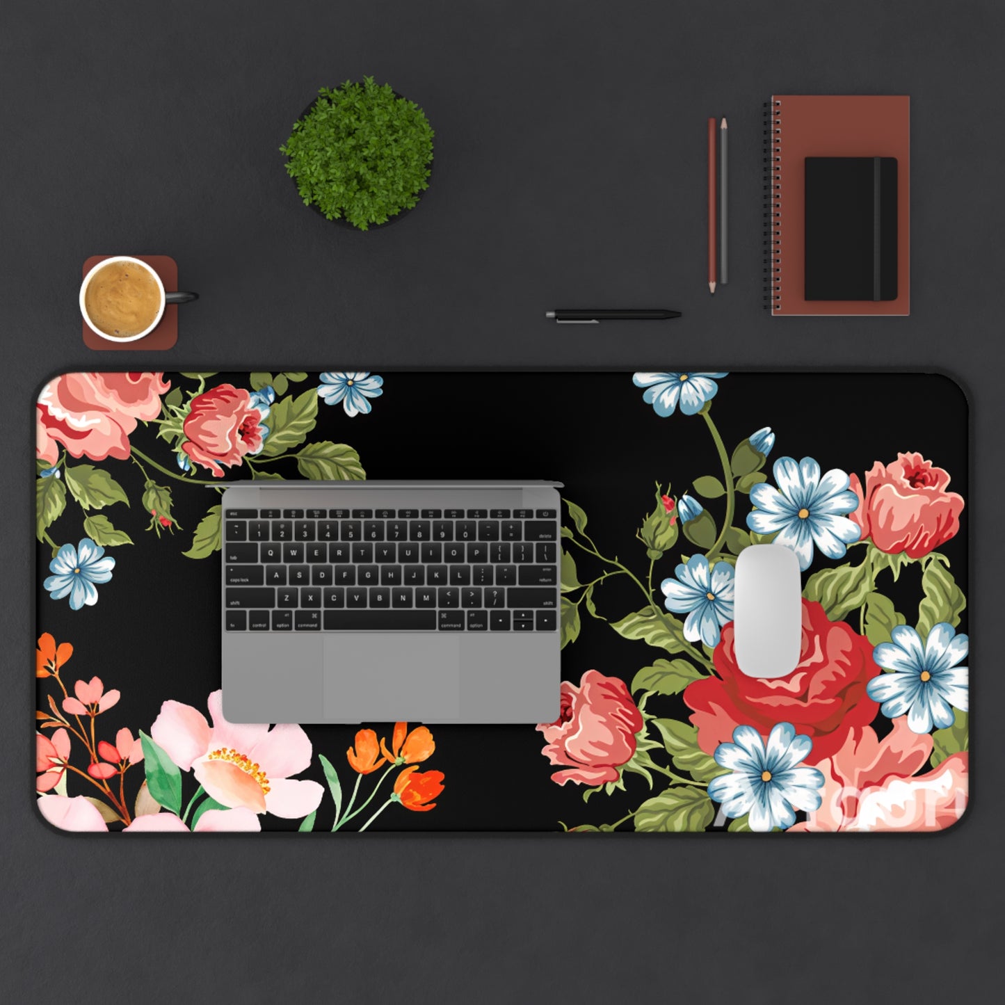Floral Vintage Desk Mat — Black Rose & Garden Blossoms Mouse Pad