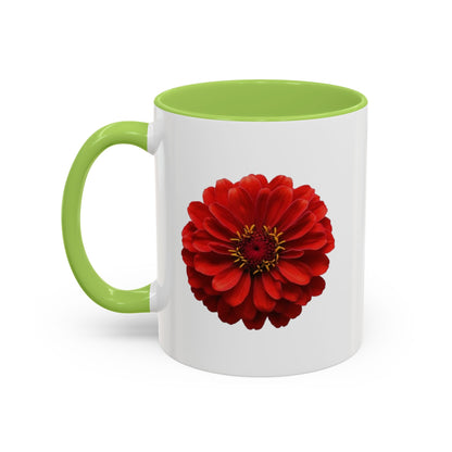 Red Zinnia Accent Coffee Mug — Floral Ceramic Tea Cup (11/15 oz)