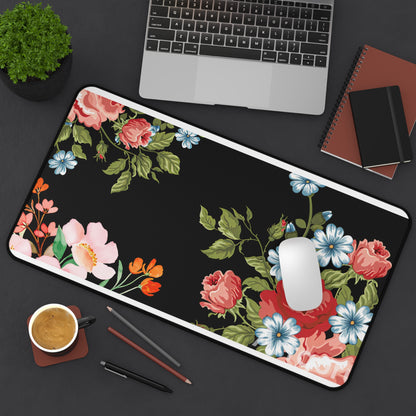 Floral Vintage Desk Mat — Black Rose & Garden Blossoms Mouse Pad