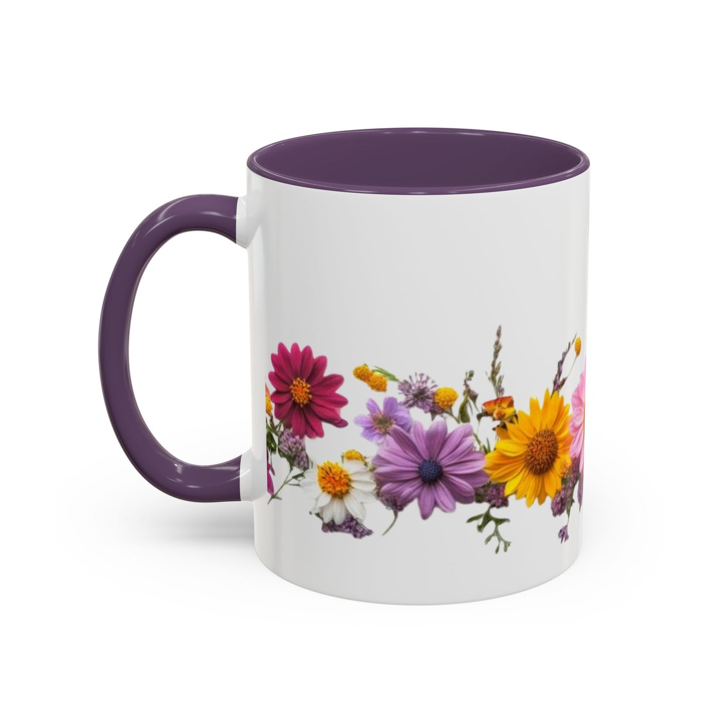 Floral Border Accent Coffee Mug — Colorful Daisy Bouquet 11/15oz