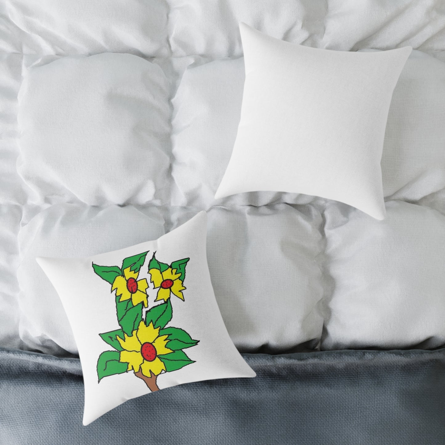 Yellow Blossom Illustration Square Pillow – Floral Decorative Throw Cushion