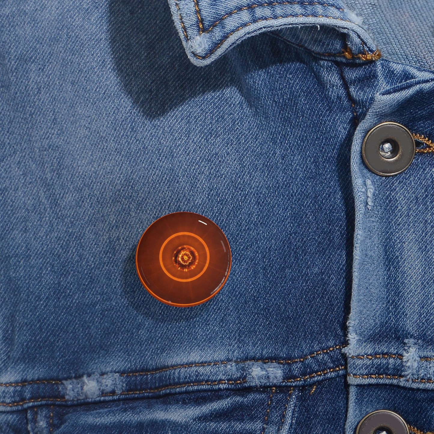 Round Glow Pin Button — Retro Orange Vinyl Record Design