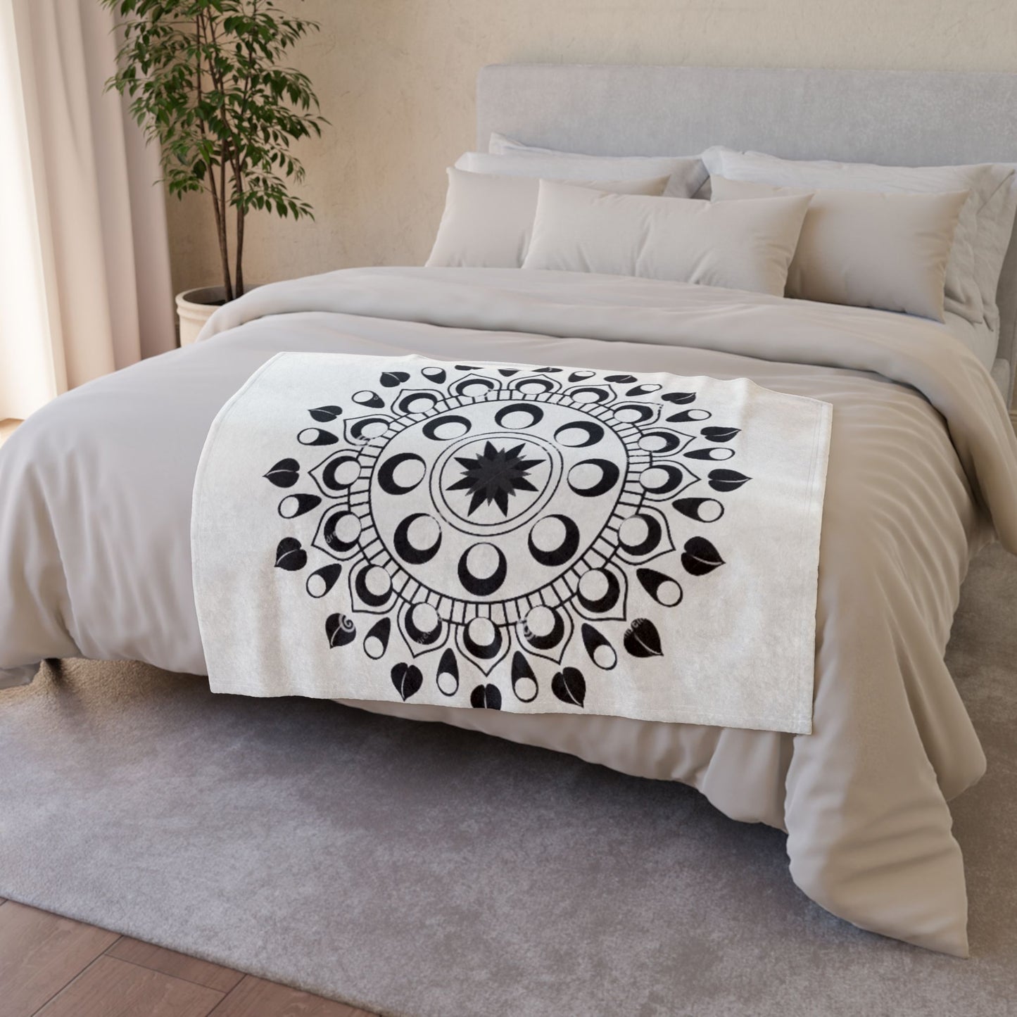 Mandala Moon Phases Blanket — Black & White Boho Throw