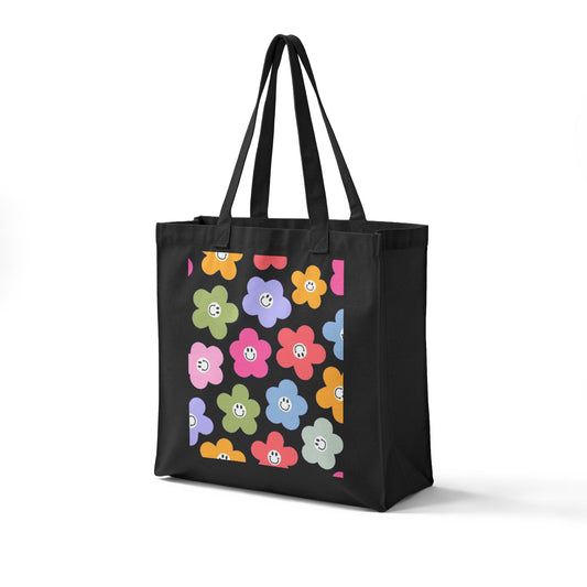 Happy Faces Floral Canvas Tote — Reusable Grocery & Market Bag