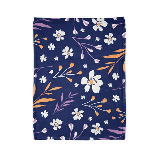 Floral Navy Fleece Blanket — Soft Polyester Throw with White & Coral Blossoms