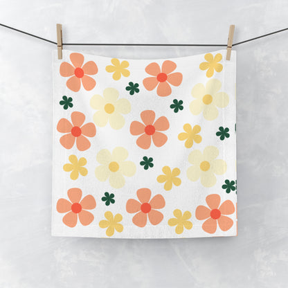 Floral Face Towel — Retro Orange & Yellow Bloom Pattern