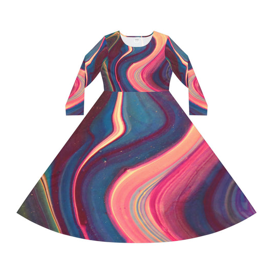 Swirl Marble Midi Dress — Colorful Long-Sleeve Dance Dress
