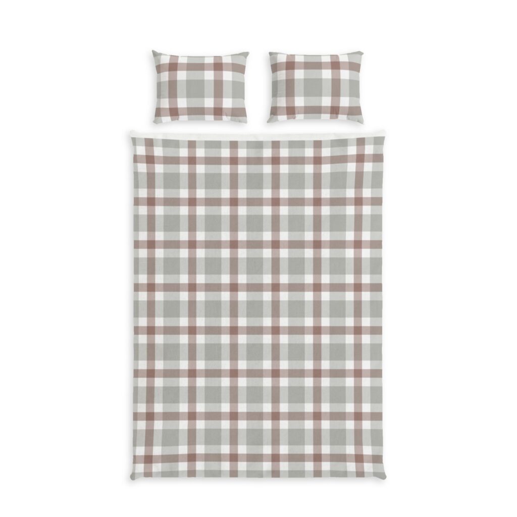 Plaid Cotton Bed Set – Neutral Taupe & Sage Check Duvet Cover