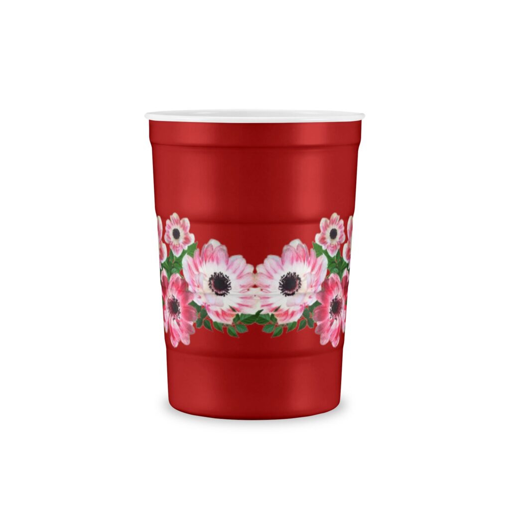 Red Floral Steel Cup — Reusable Insulated Tumbler with Pink Anemone Band