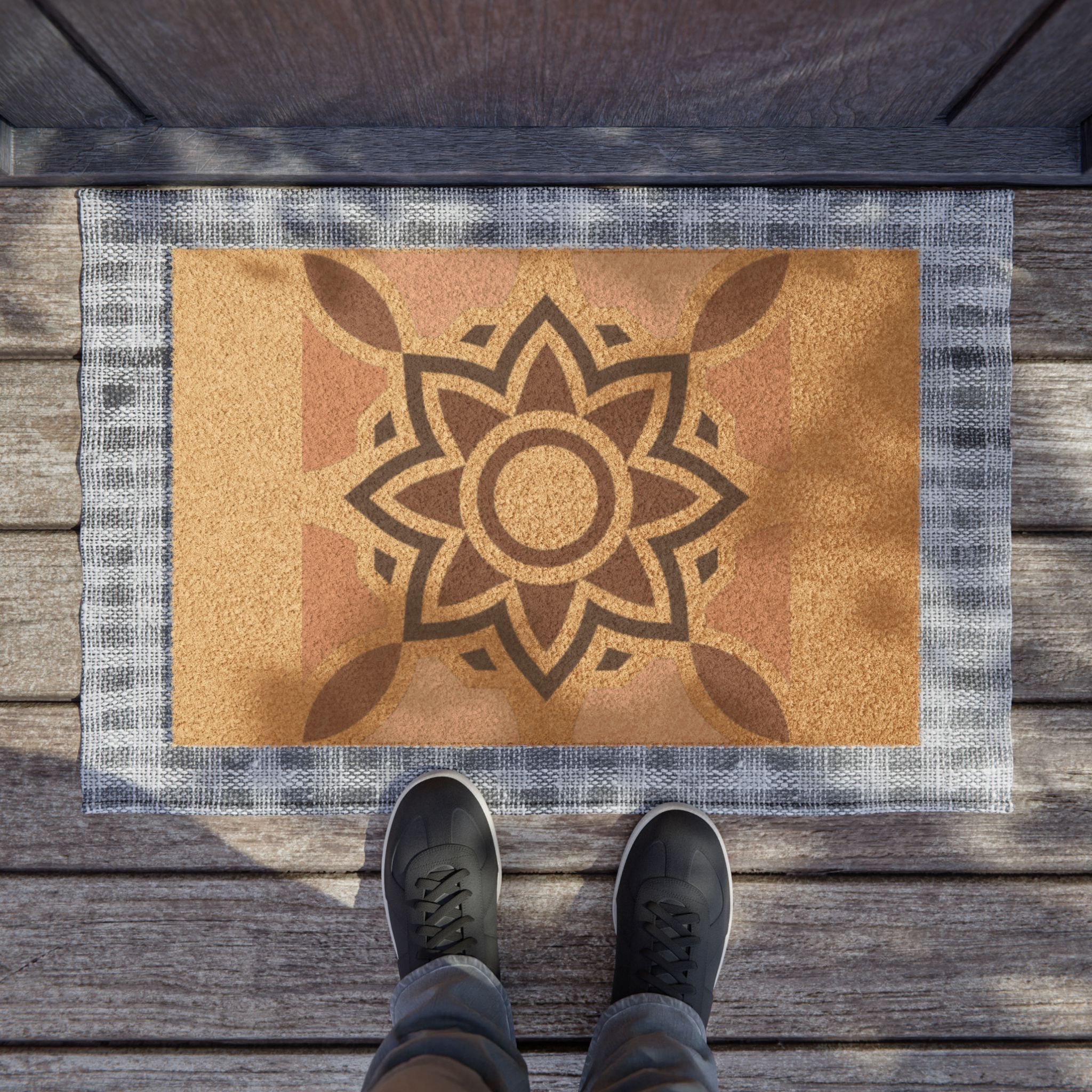 Boho Floral Coir Doormat – Rustic Sunburst Entry Mat