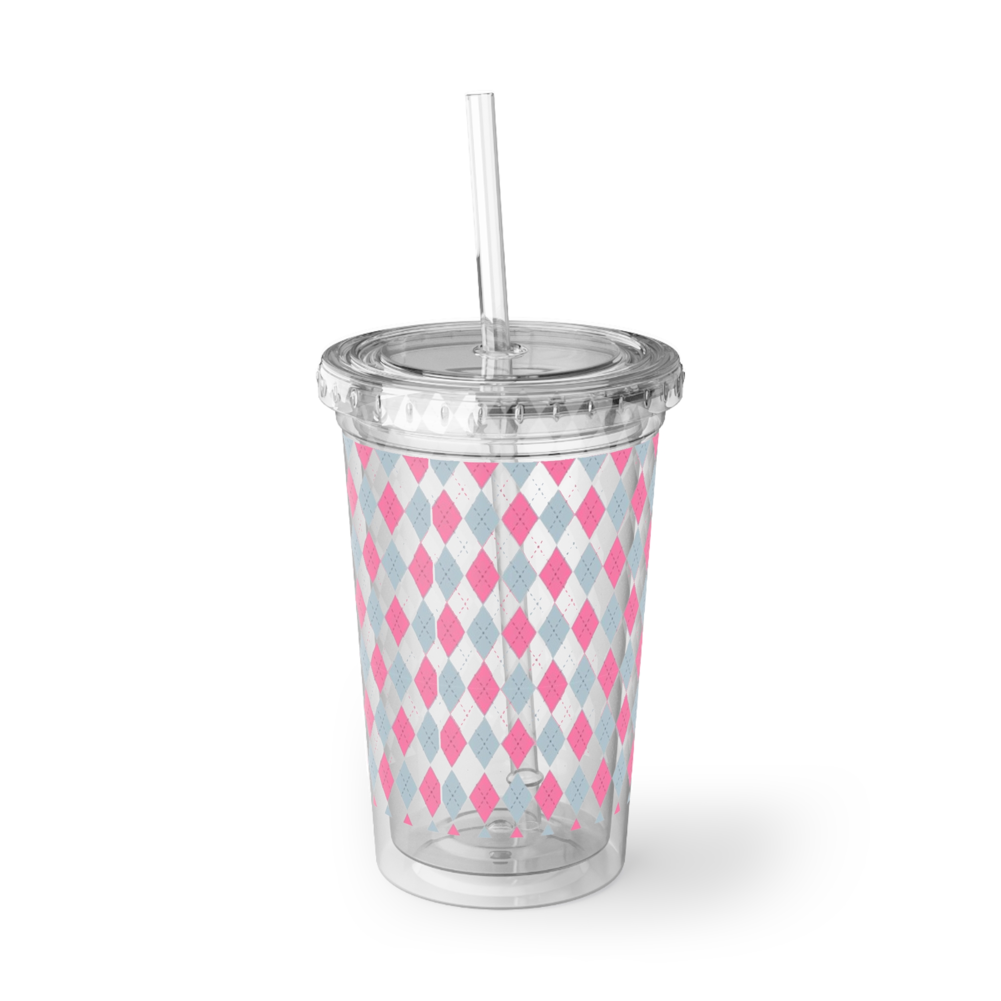 Pink Gray Argyle Acrylic Tumbler - Reusable Cold Cup with Straw - Image 2