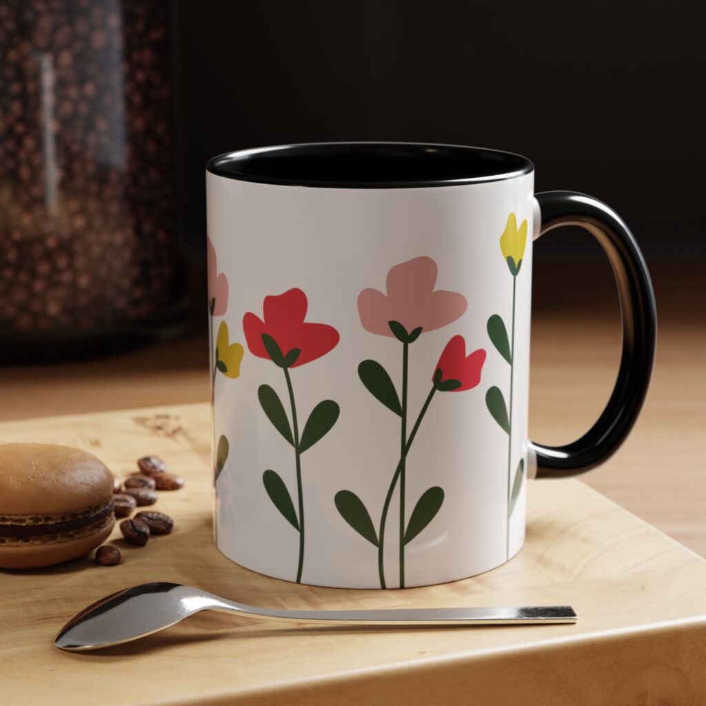 Floral Accent Coffee Mug — Cute Pink & Yellow Wildflower Design (11/15oz)