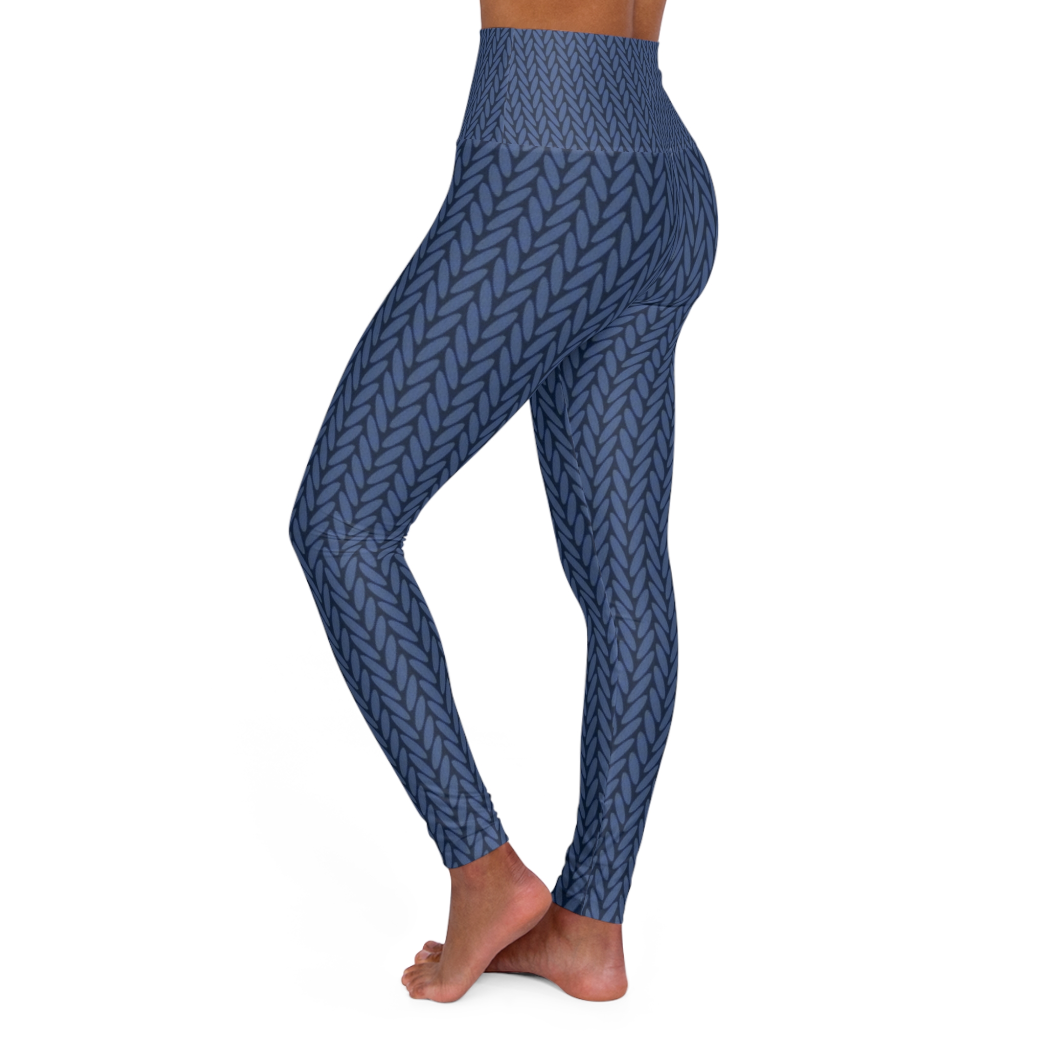 Knit-Texture High Waisted Yoga Leggings — Blue Cable Knit Pattern - Image 4