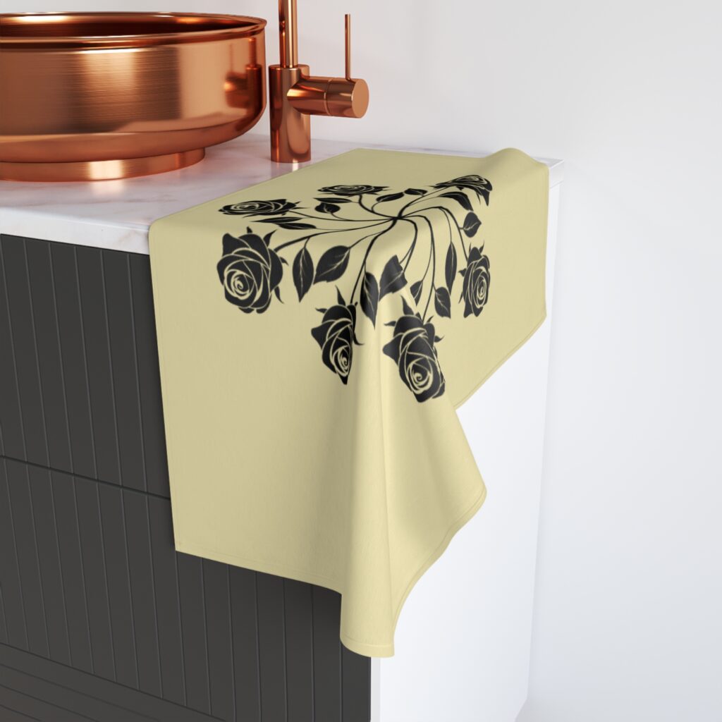 Floral Rose Mandala Hand Towel — Black Rose Pattern Cotton Guest Towel