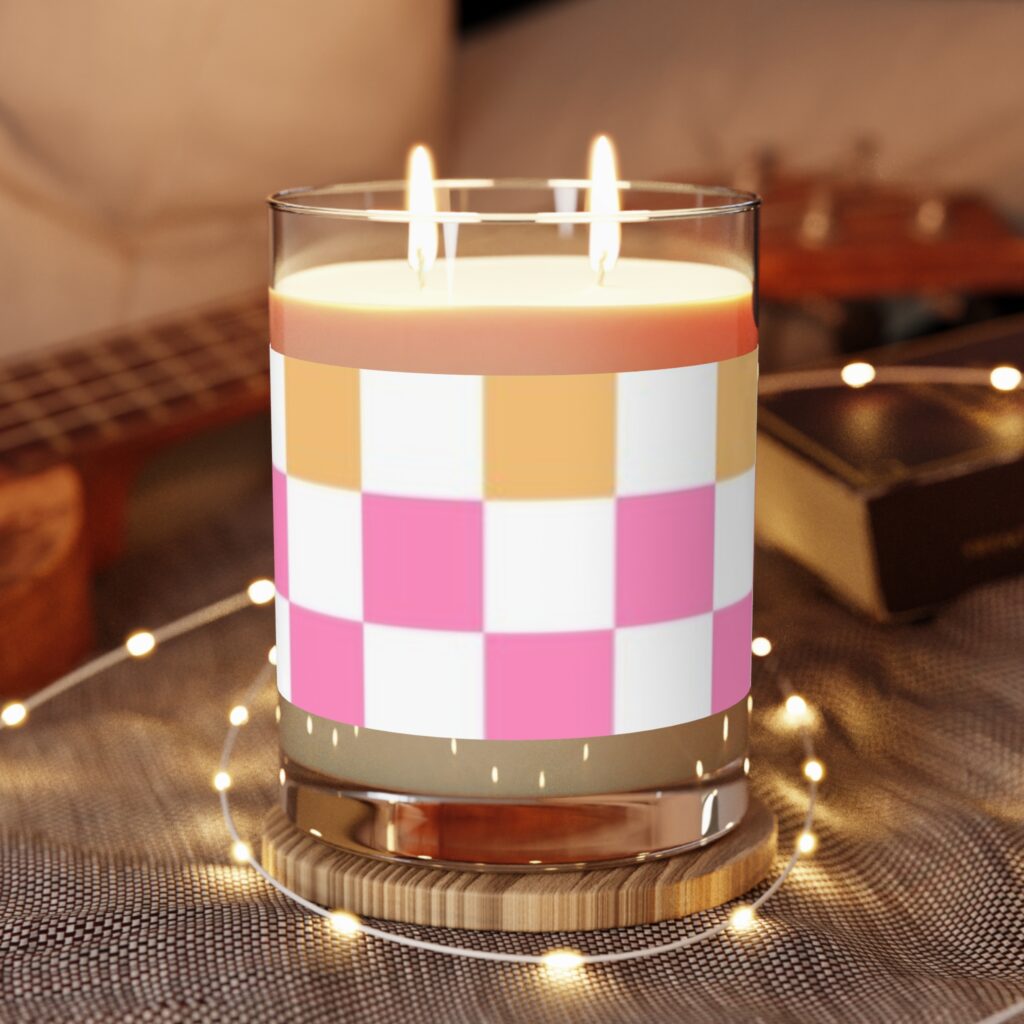 Checkered Pink & Peach 11oz Scented Candle — Decorative Glass Candle