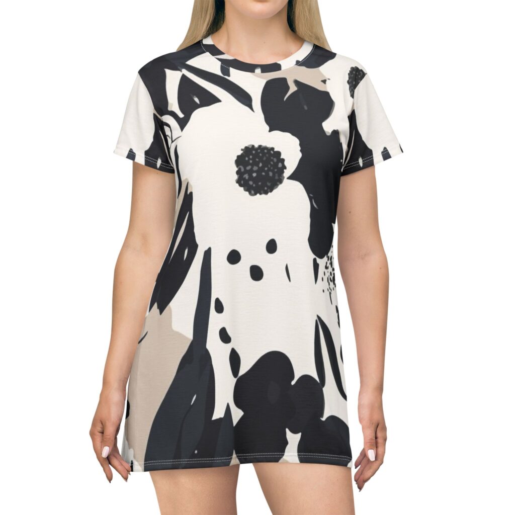 Floral AOP T-Shirt Dress — Monochrome Black & Beige Bloom Print