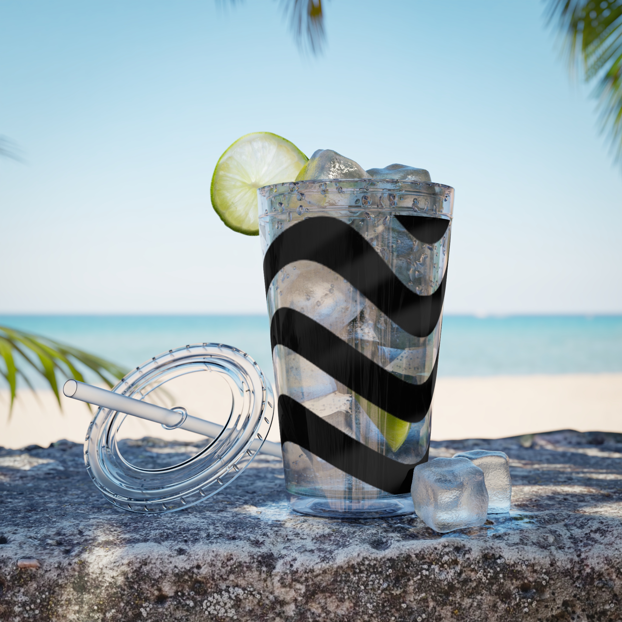 Wavy Stripes 16oz Tumbler with Straw — Black Brushstroke Design - Image 5