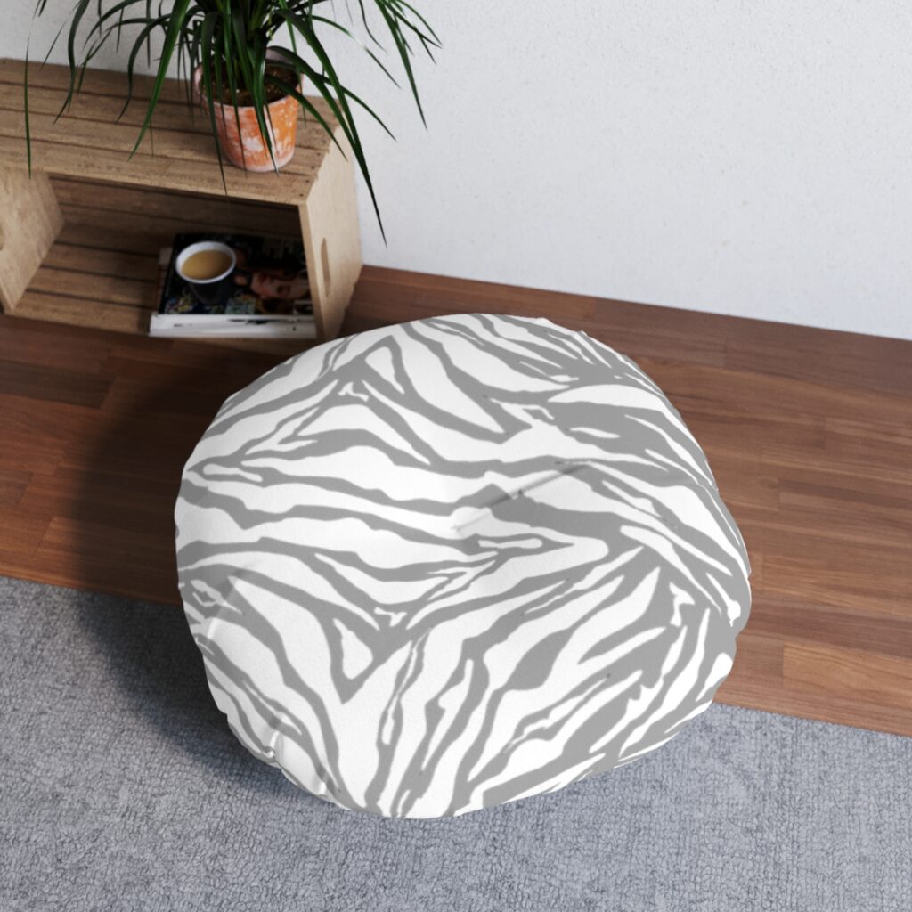 Round Tufted Floor Pillow — Grey Zebra Print Accent Cushion