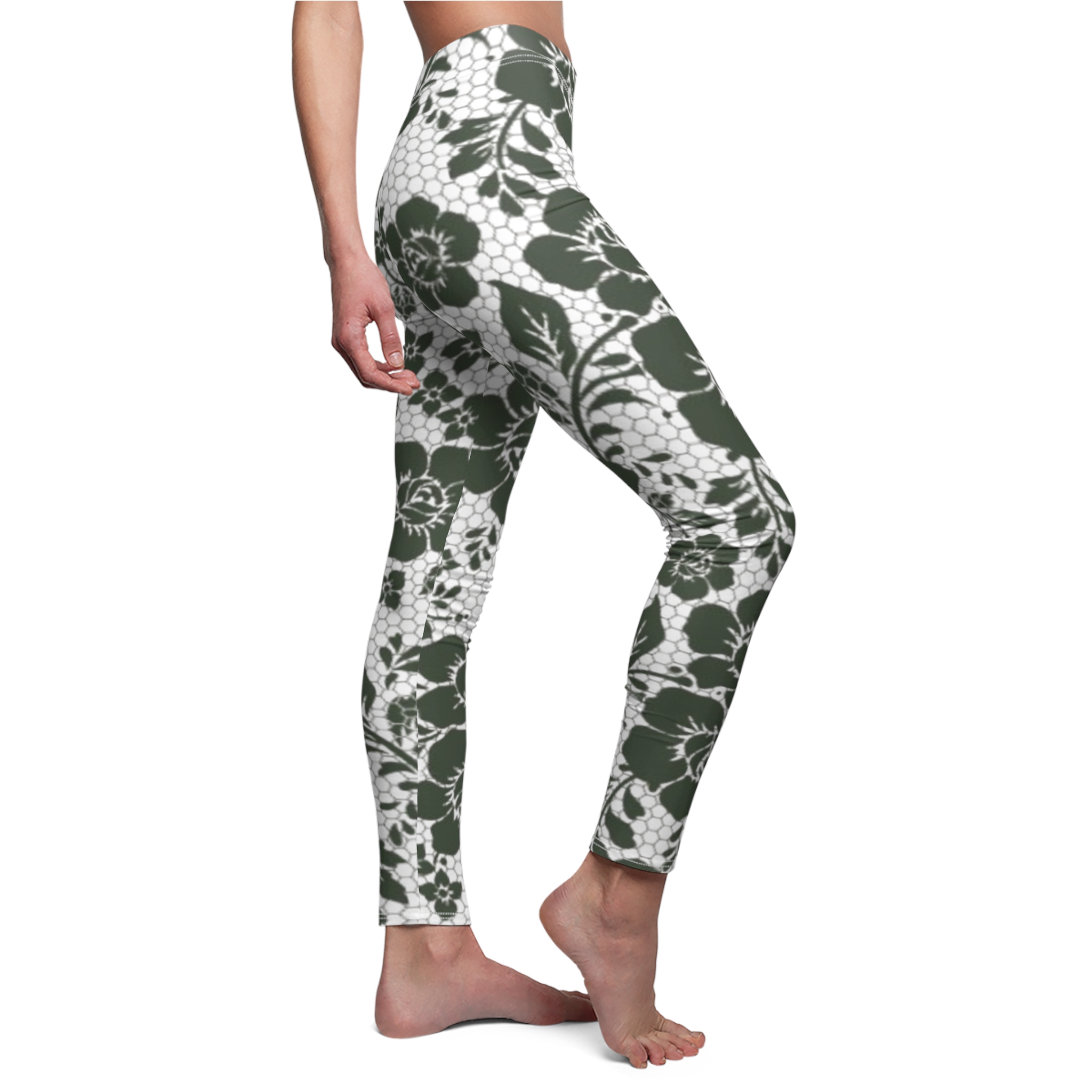 Floral Lace Allover Leggings — Olive Green Patterned Women's Leggings