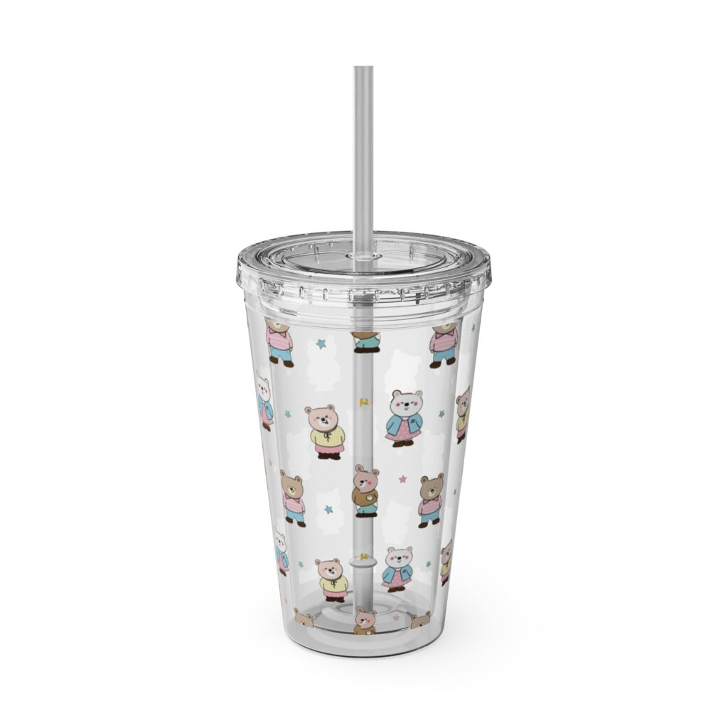 Cute Bear Pattern 16oz Straw Tumbler — Insulated Cute Animal Travel Cup