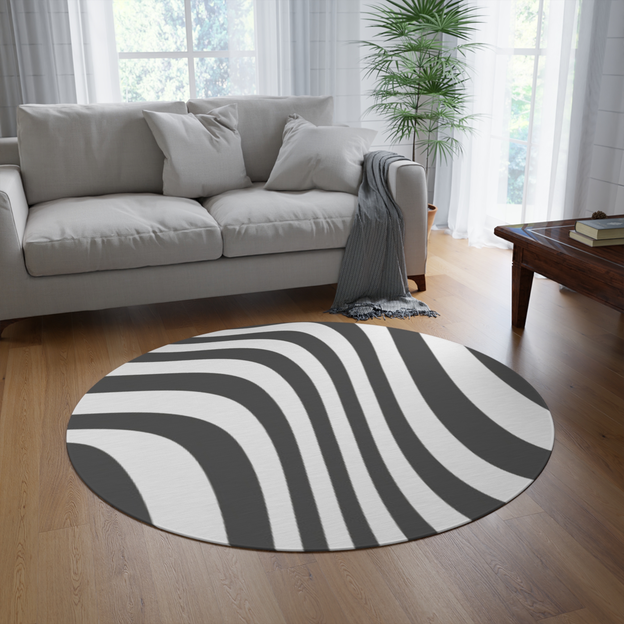 Zebra Wave Round Rug — Black & White Modern Abstract Area Rug