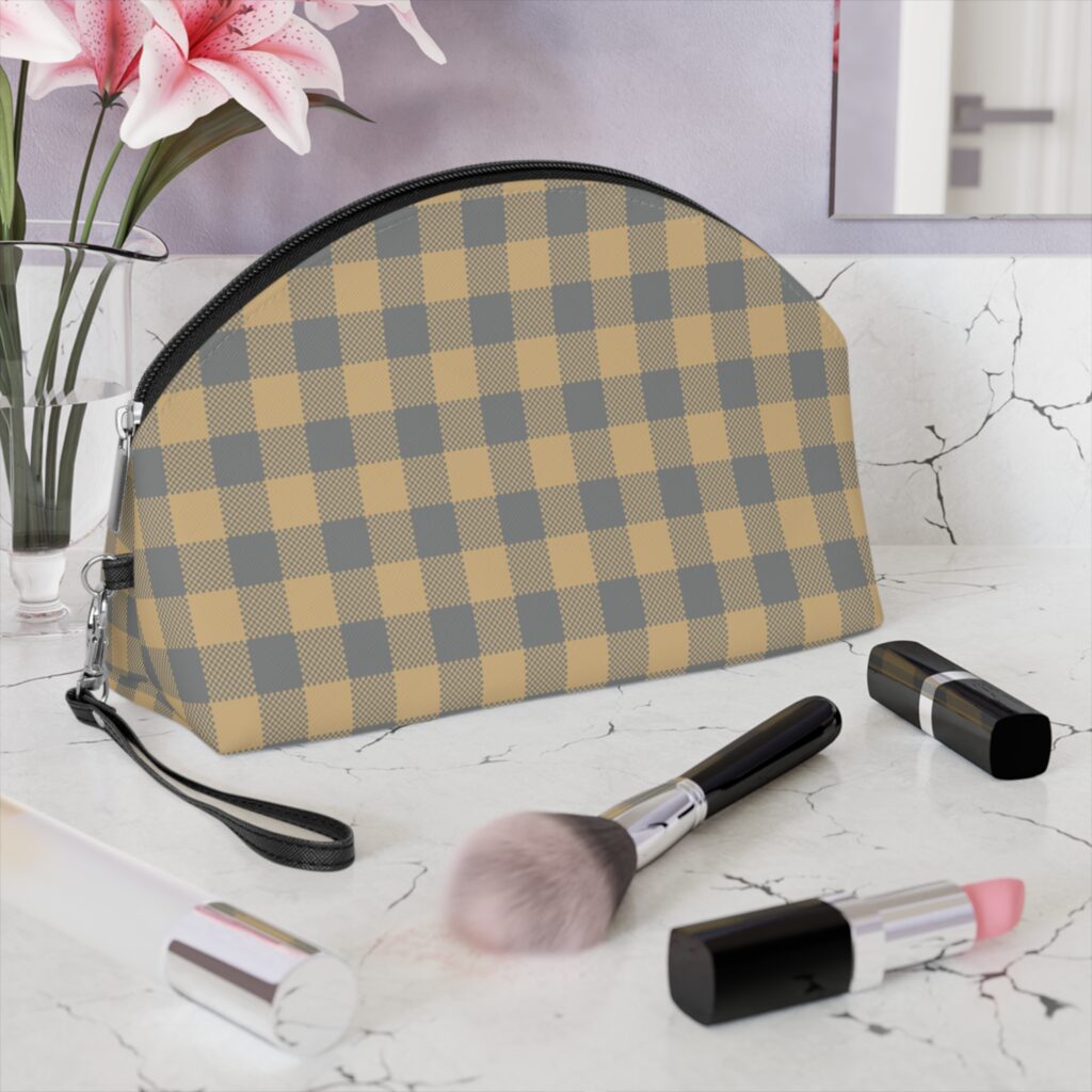 Plaid Cosmetic Pouch — Yellow & Gray Check Makeup Bag