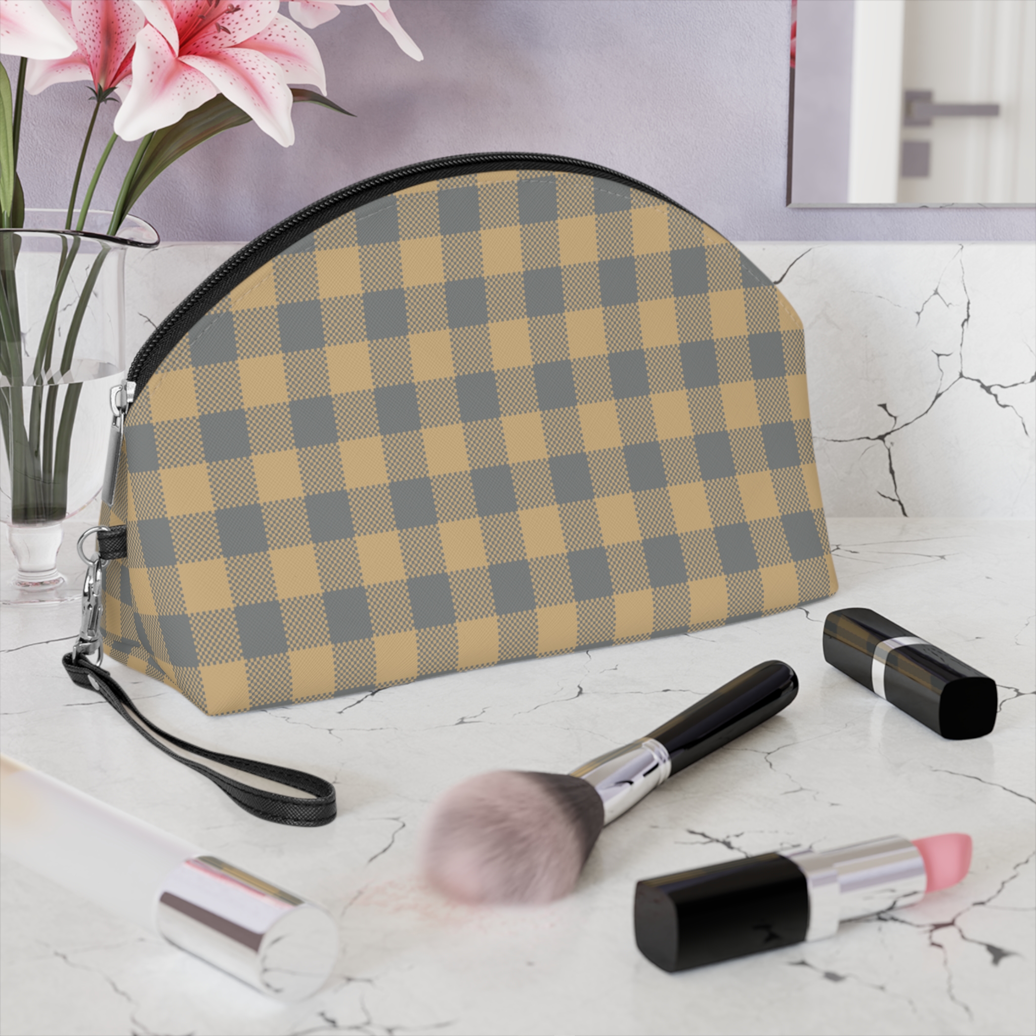 Plaid Cosmetic Pouch — Yellow & Gray Check Makeup Bag