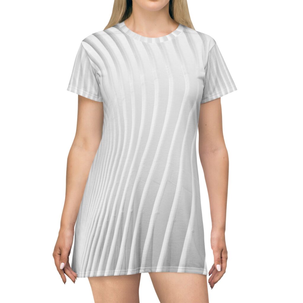 White Wave Pattern T‑Shirt Dress — Minimalist Abstract AOP Dress