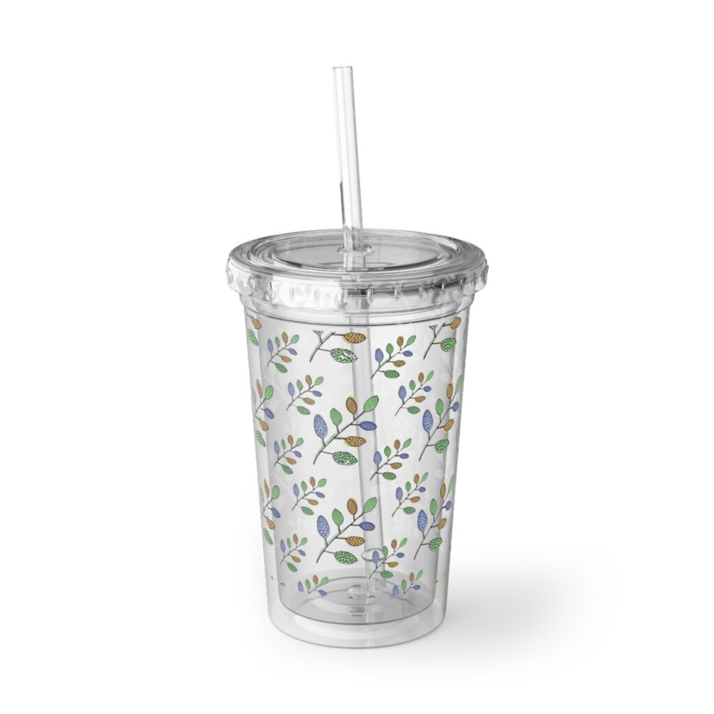 Floral Vine Acrylic Tumbler with Straw — Clear Reusable Cup