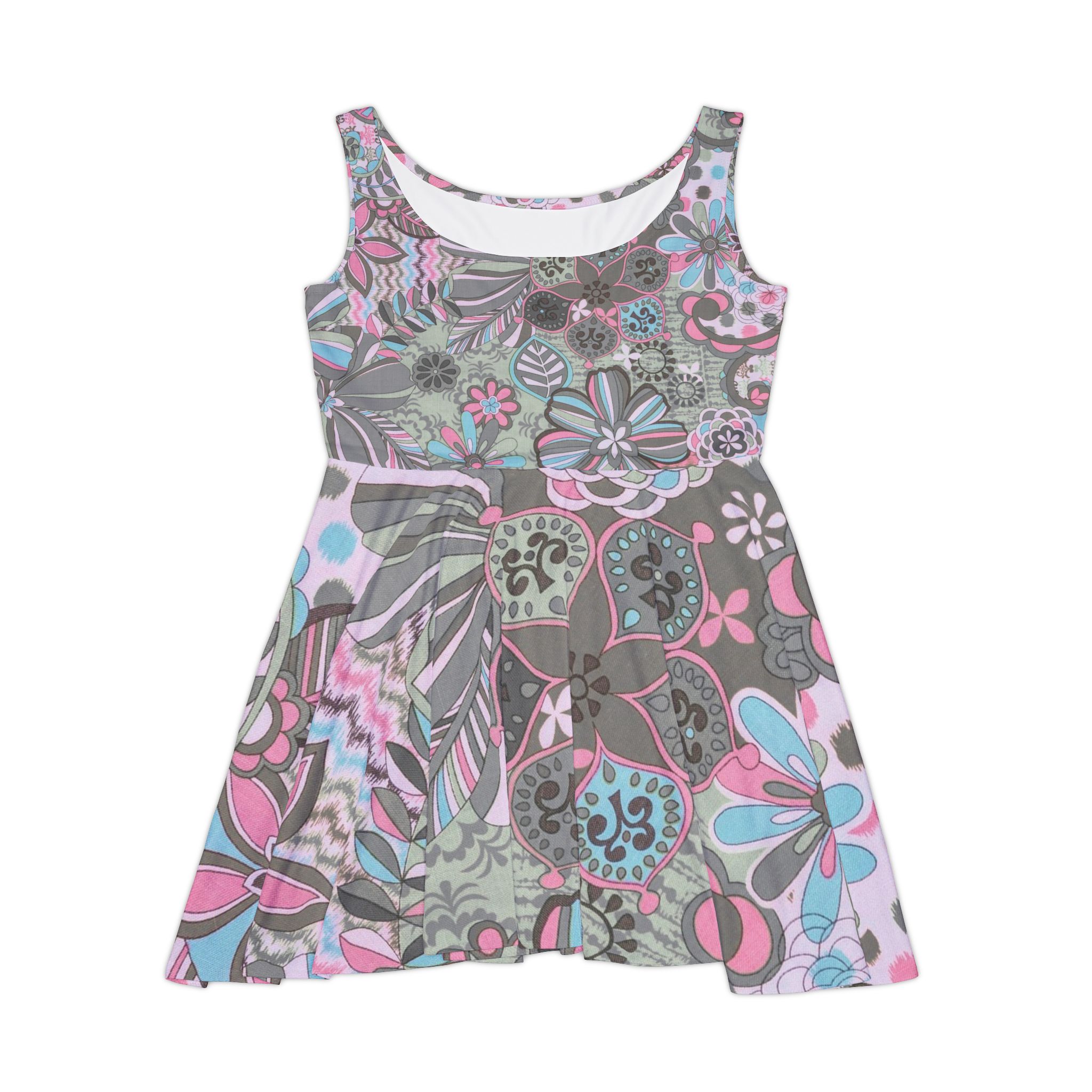 Floral Pastel Skater Dress — Retro Boho Flower Print Women's Dress - Image 2