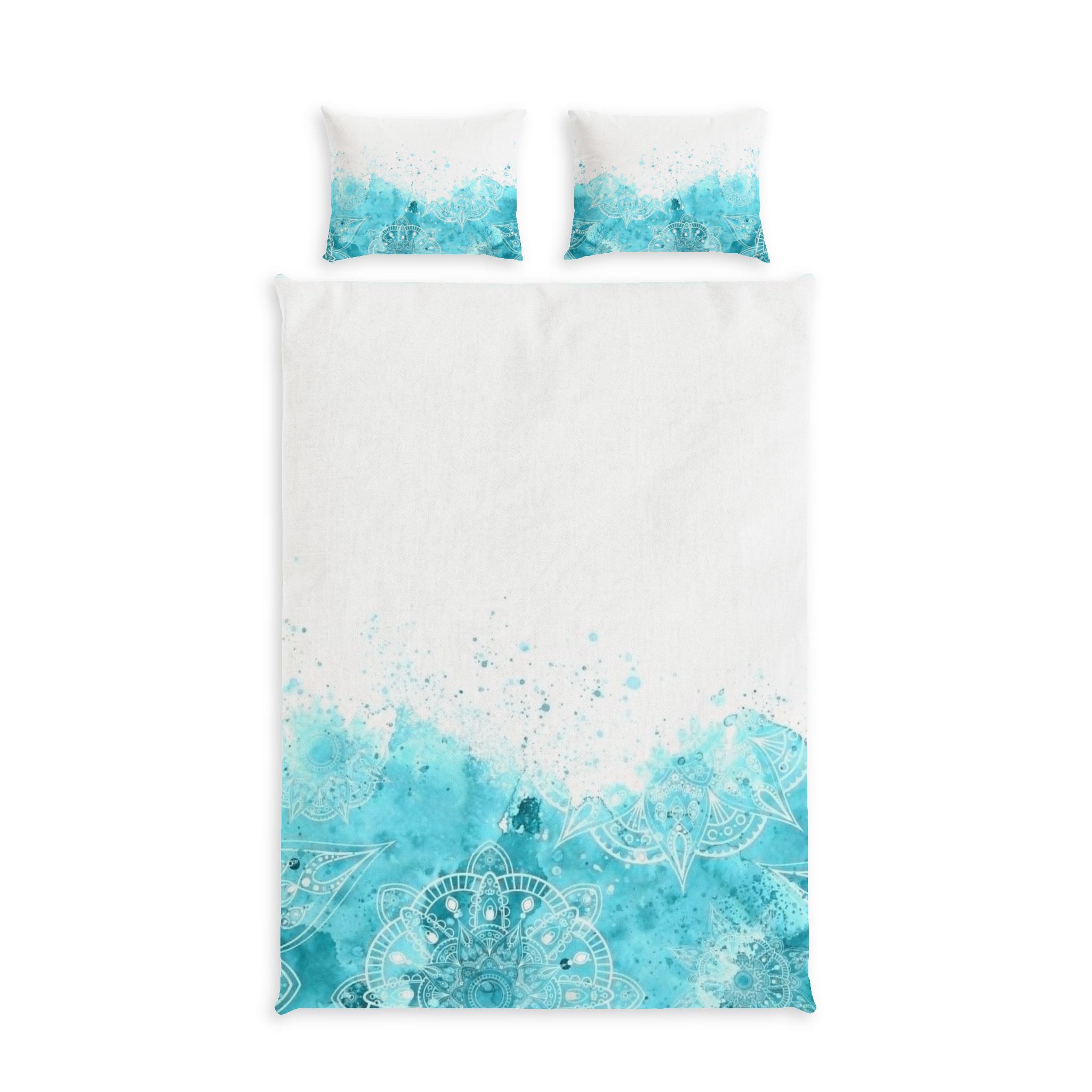 Turquoise Watercolor Mandala Cotton Bed Set — Boho Duvet Cover & Pillowcases