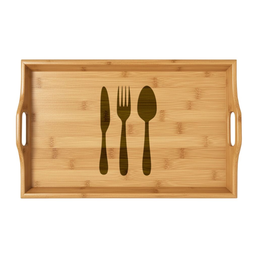 Engraved Bamboo Serving Tray with Cutlery Design — Rustic Breakfast & Serving Tray
