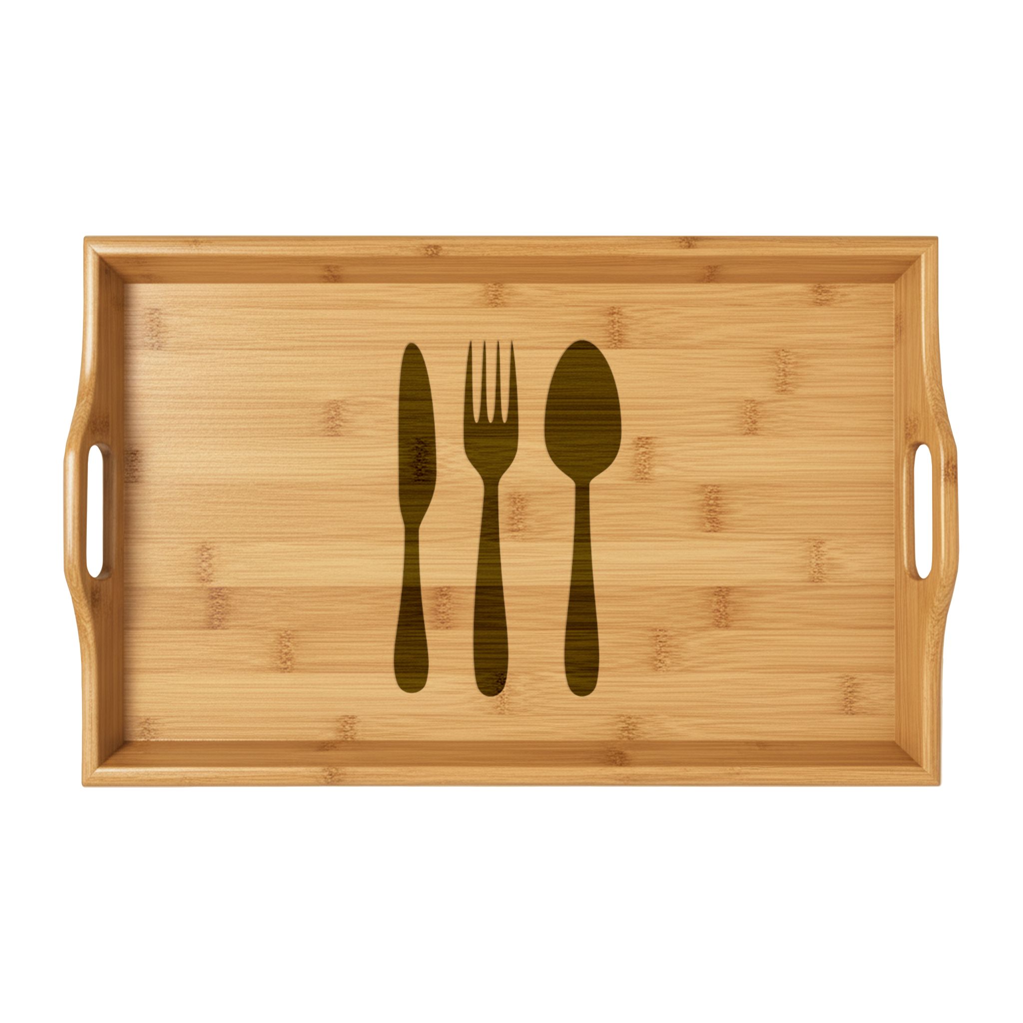 Engraved Bamboo Serving Tray with Cutlery Design — Rustic Breakfast & Serving Tray