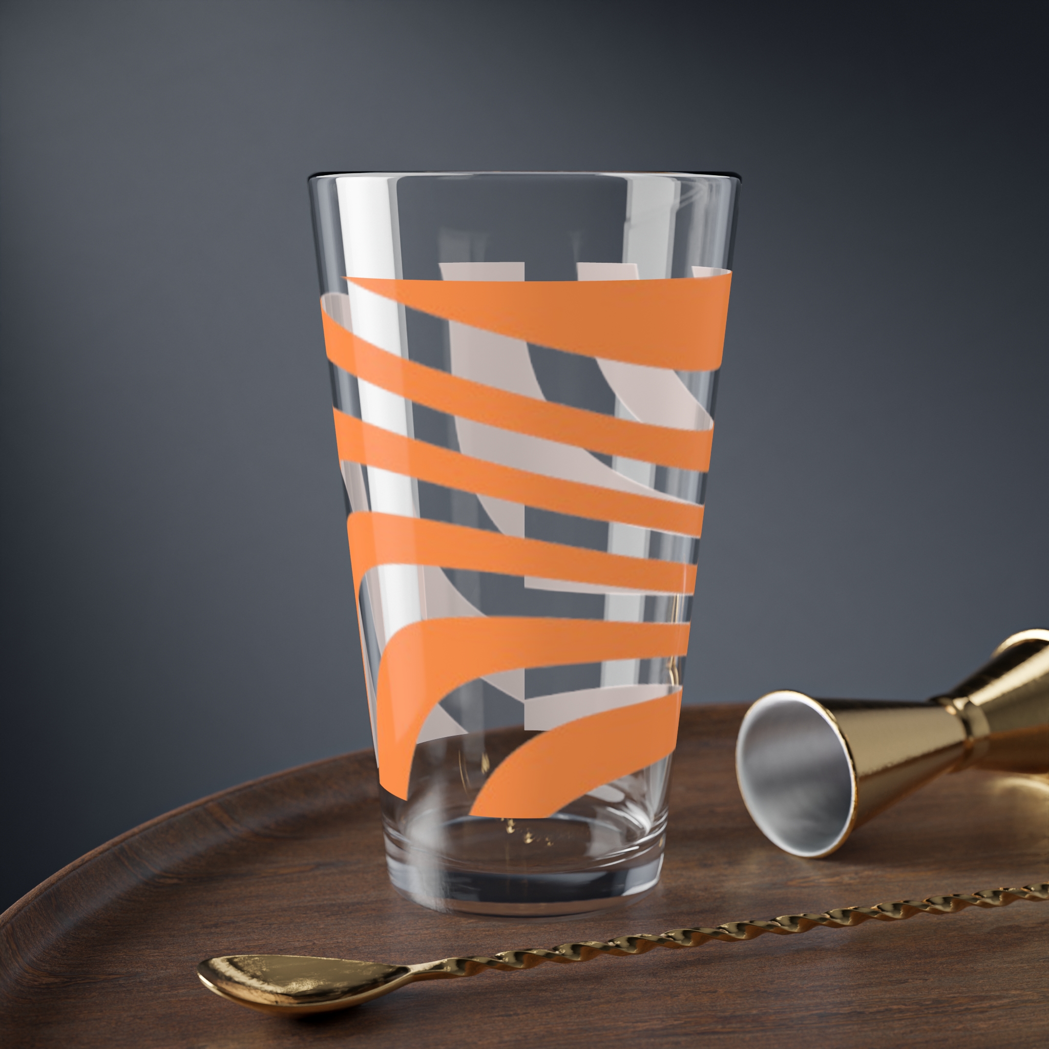 16oz Orange Wave Mixing Glass — Modern Striped Cocktail & Bar Glass