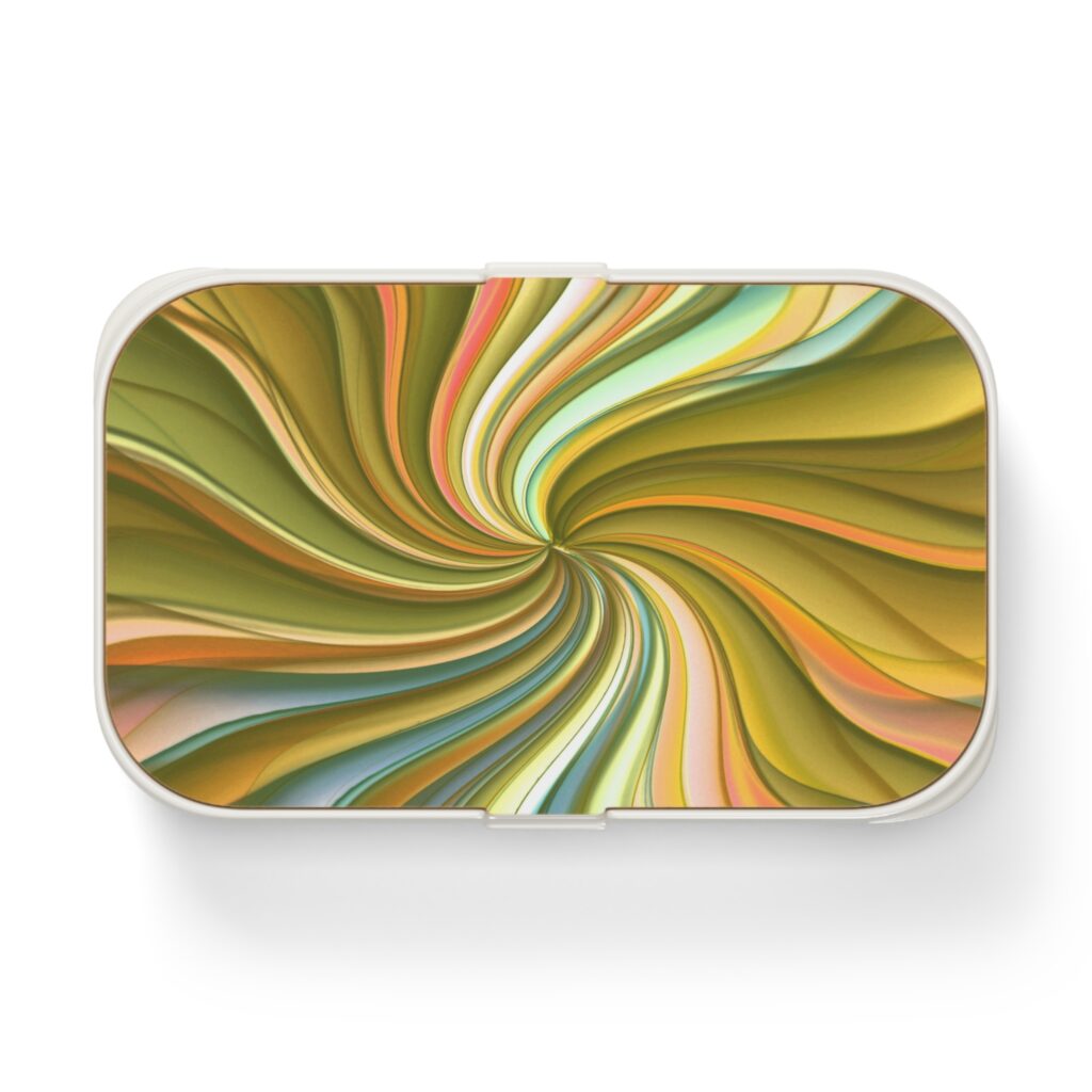 Abstract Swirl Bento Lunch Box – Retro Olive & Peach Spiral Design