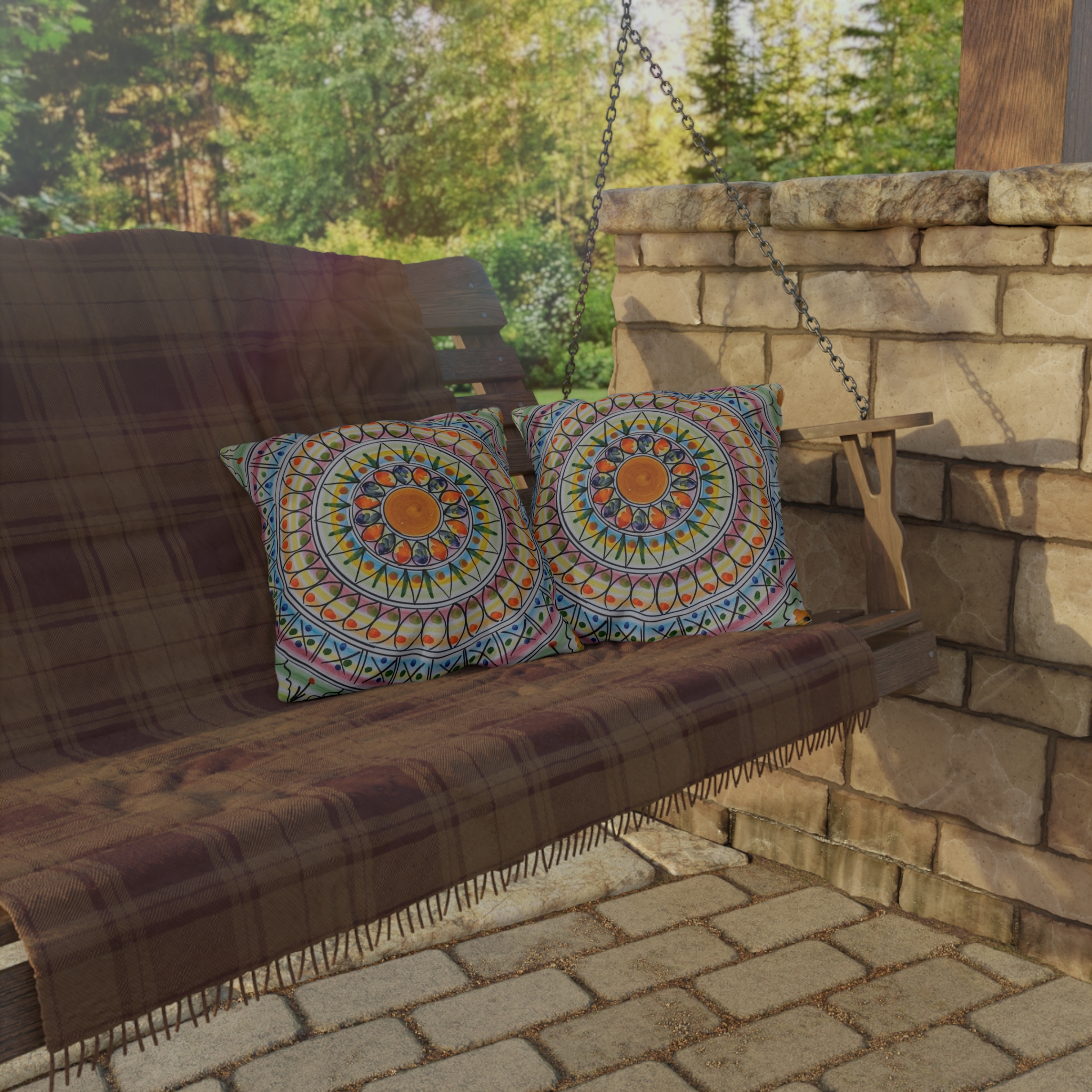 Boho Mandala Outdoor Pillow - Colorful Floral Sunburst Patio Cushion - Image 4