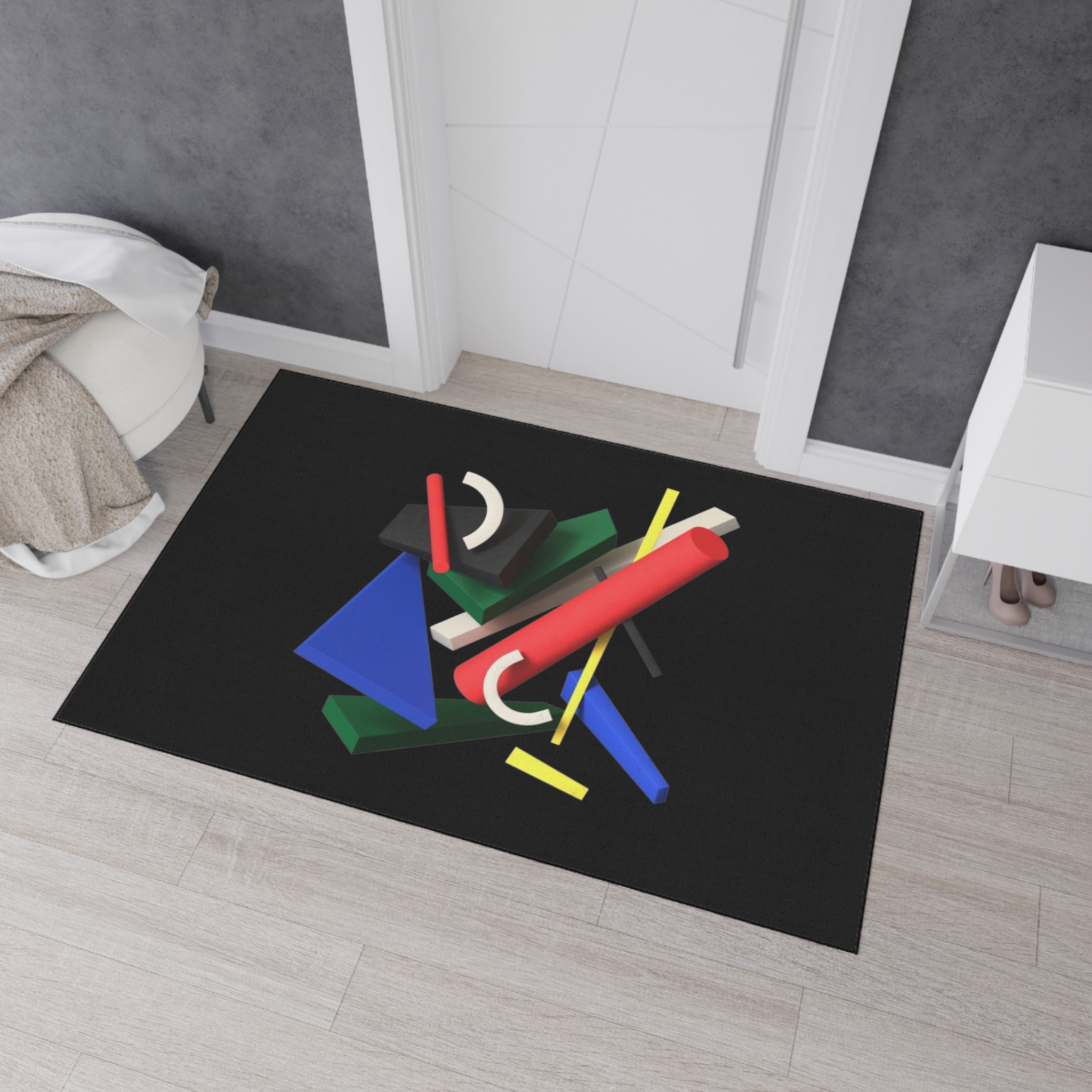 Abstract Geometric Heavy Duty Floor Mat — Modern Colorful Shapes on Black