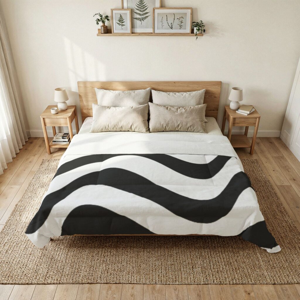 Wavy Black & White Cotton Comforter – Modern Minimalist Bedding