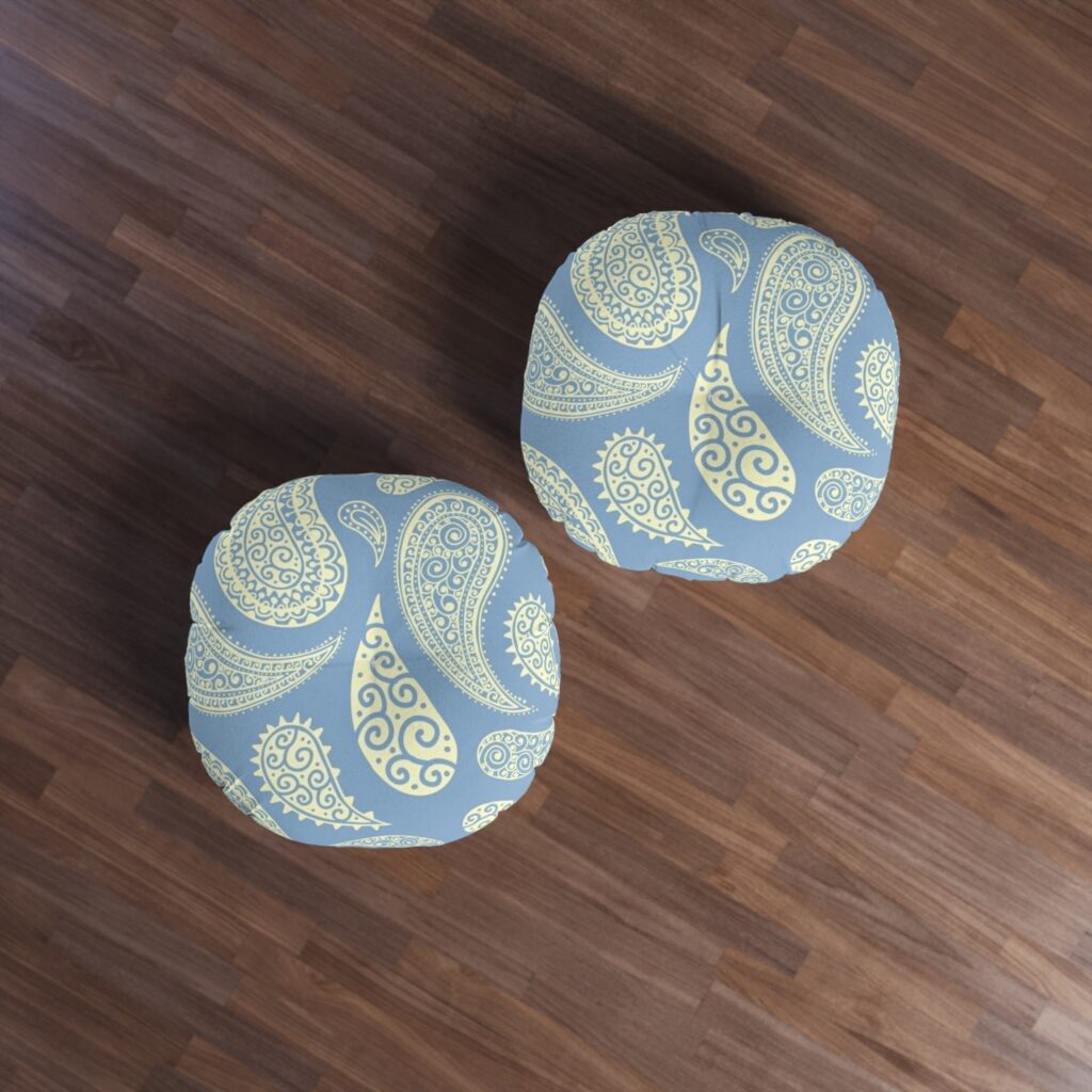 Round Tufted Floor Pillow — Blue Paisley Pattern