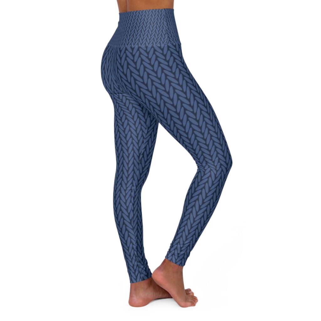 Knit-Texture High Waisted Yoga Leggings — Blue Cable Knit Pattern