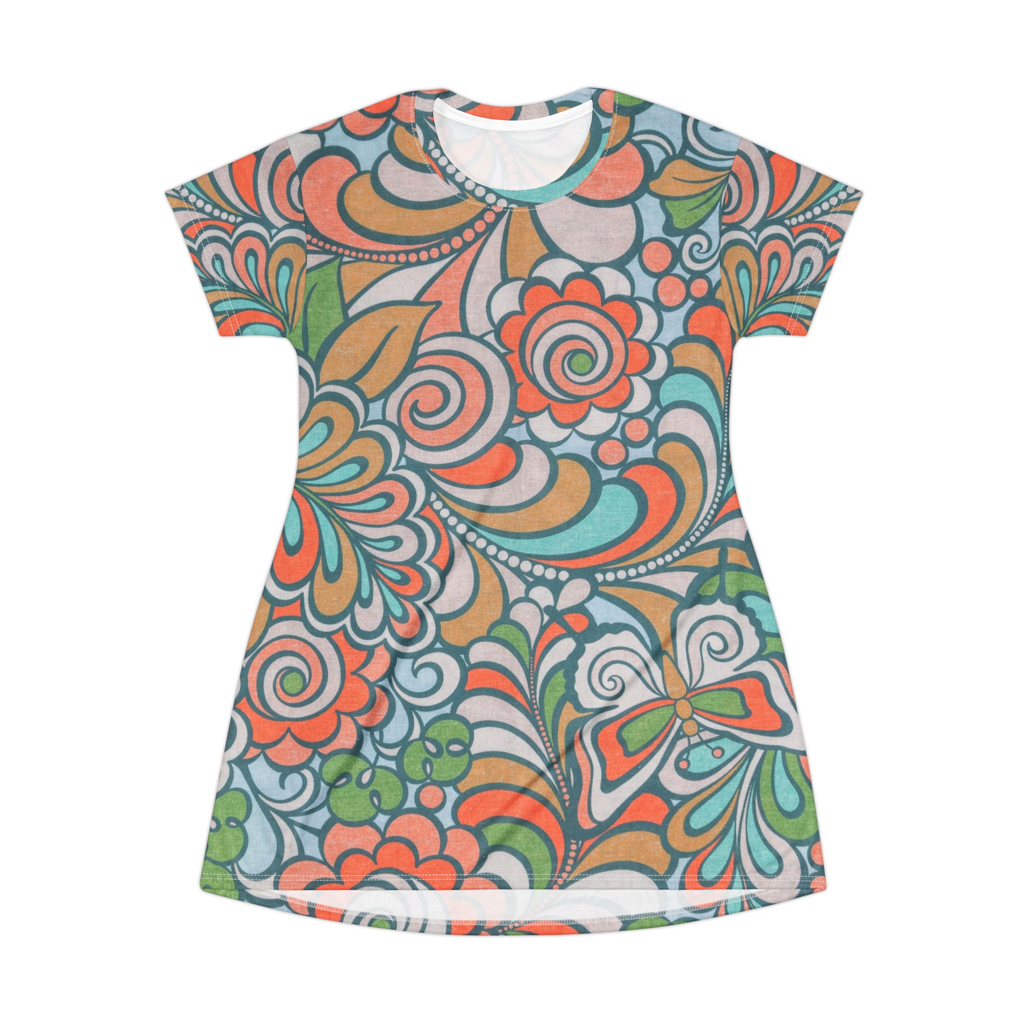 Floral Paisley T-Shirt Dress – Retro Boho All-Over Print - Image 2