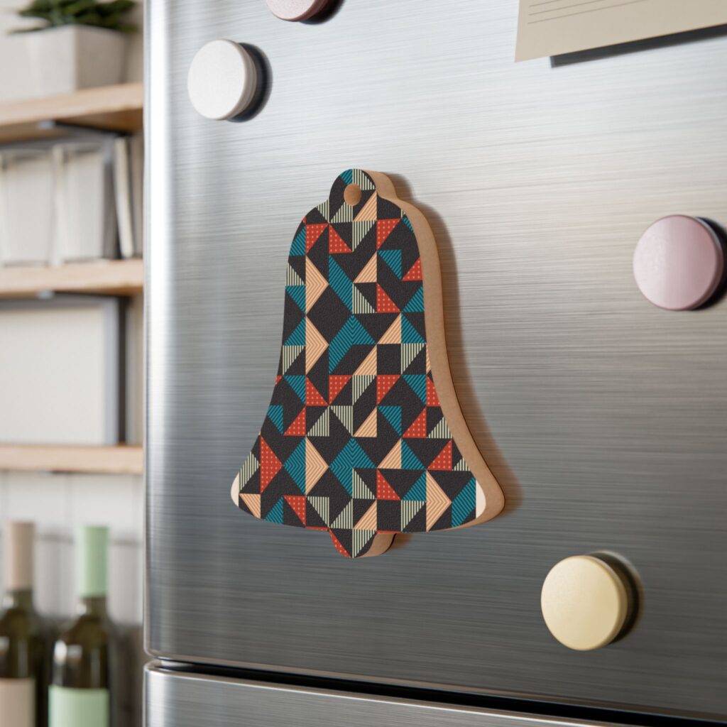 Geometric Patchwork Bell Wooden Ornament — Modern Tribal Holiday Decor