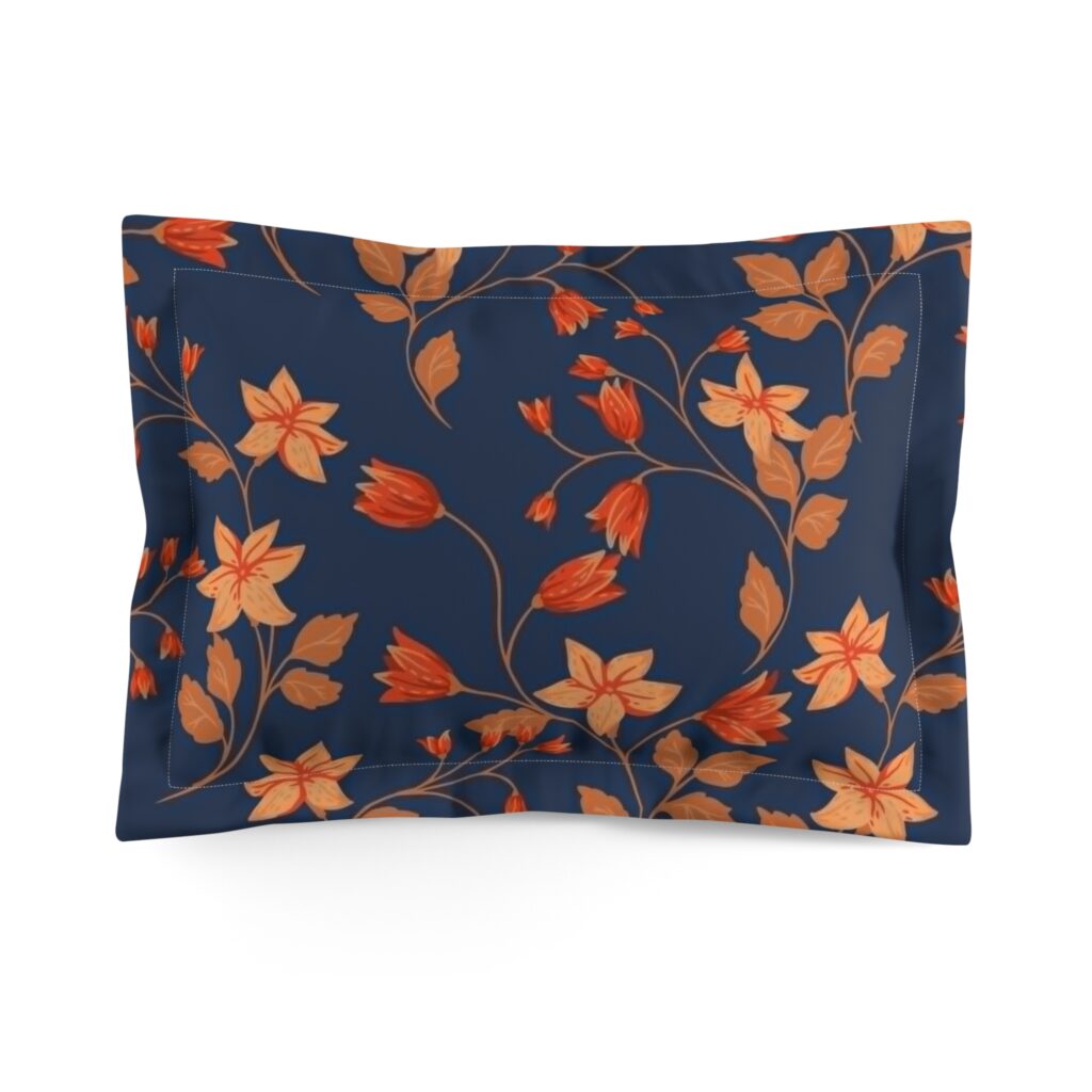 Navy Autumn Floral Pillow Sham – Orange & Gold Botanical Bedding Accent