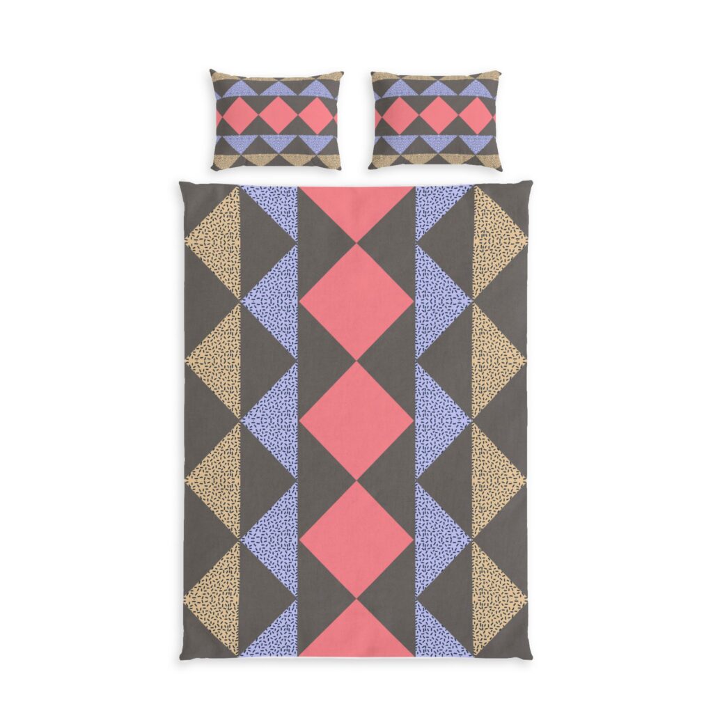Geometric Cotton Bed Set — Coral Diamond Pattern Duvet Cover & Pillowcases