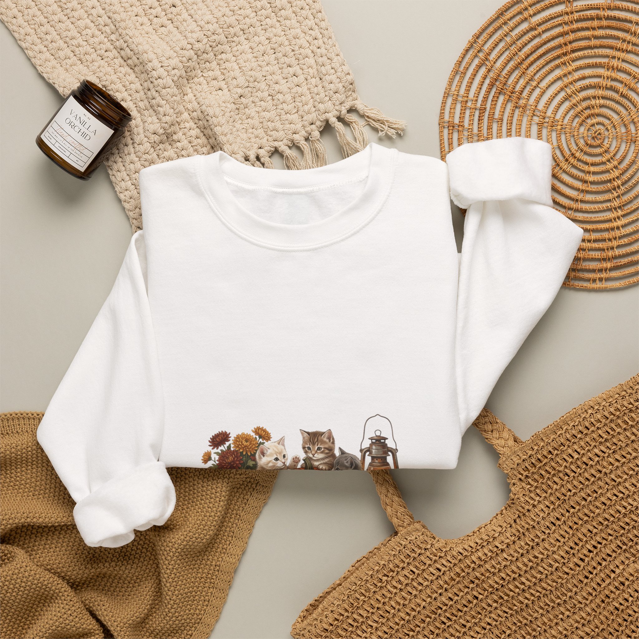Pumpkin Patch Cats Crewneck Sweatshirt | Autumn Leaves, Harvest Pumpkin Season - Image 4