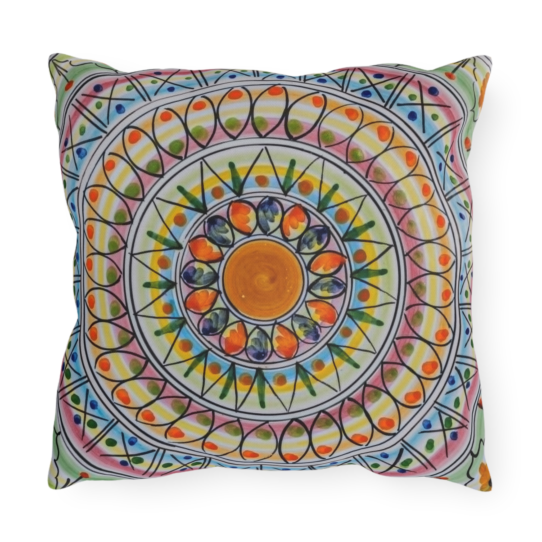 Boho Mandala Outdoor Pillow - Colorful Floral Sunburst Patio Cushion - Image 3