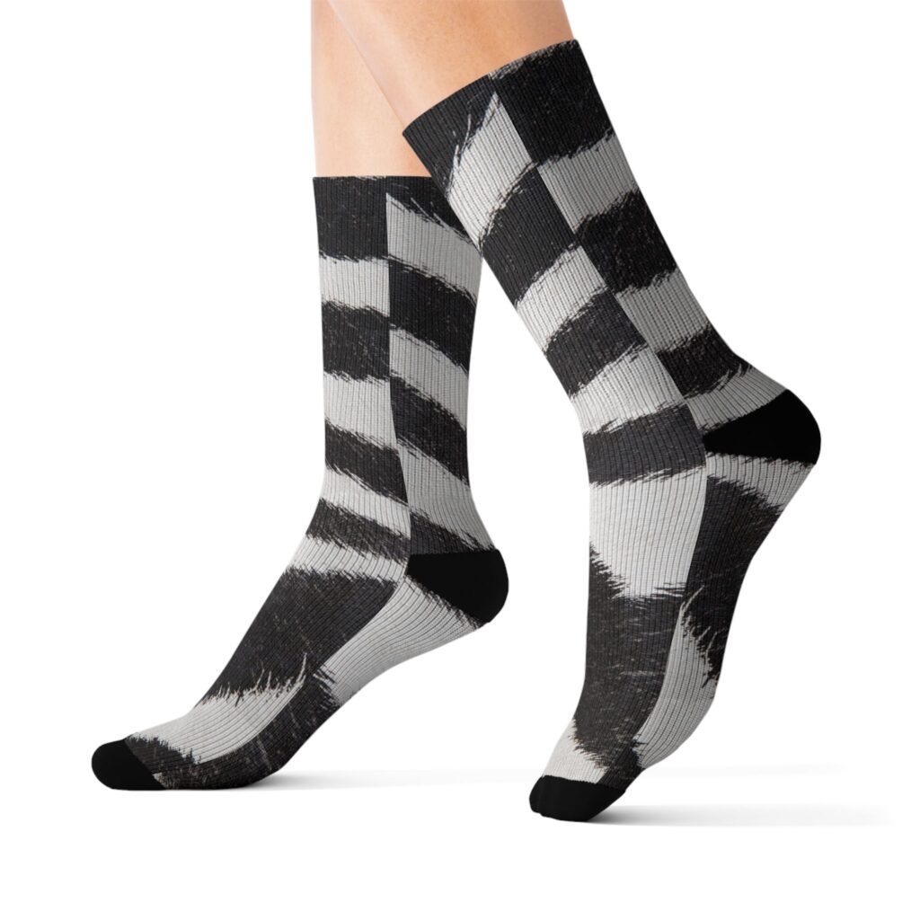 Zebra Stripe Sublimation Socks — Black & White Animal Print Crew Socks